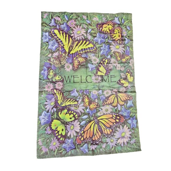 Beth O’Bryant Flag 28x40 Monarch Butterflies Flowers “Welcome” Garden Green EUC - Picture 1 of 2